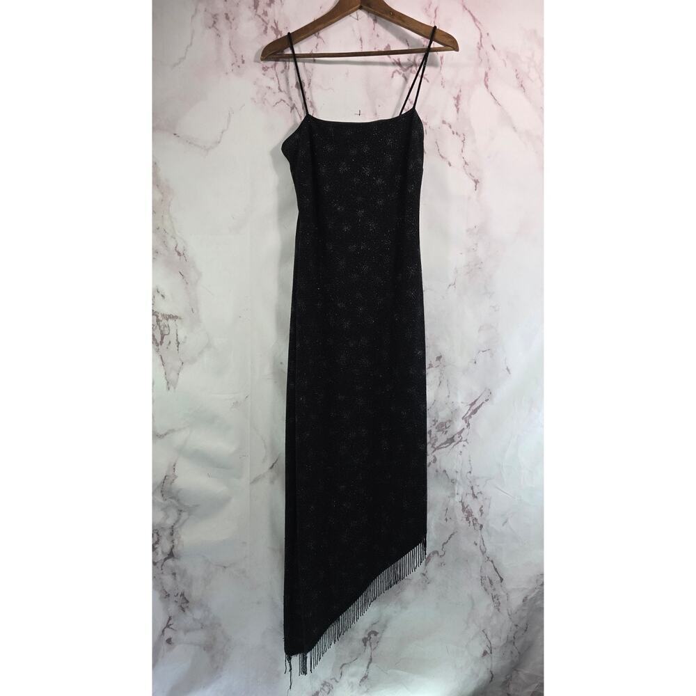 Vintage Dress Womens Small 6 90s Y2K Black Beaded Whimsy Goth Gem Bling Assymetr